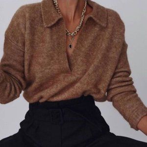Sezane Rugby Jumper Sweater Collar V Neck Brown Kid Mohair Merino Wool Sz XS